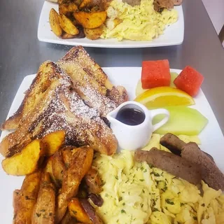 Instagram post from LBW Deli & Bar showing a French toast breakfast plate with seasoned potatoes and scrambled eggs