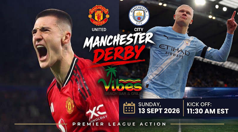 Google Business Profile post from Vibes Beach Bar promoting the Manchester Derby watch party