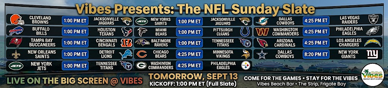 Google Business Profile post from Vibes Beach Bar promoting NFL game day at their Frigate Bay location