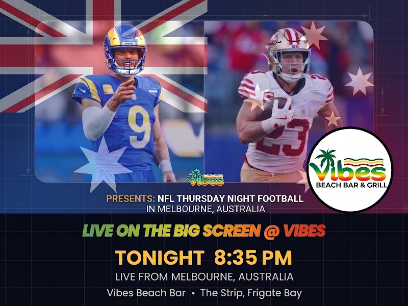 Google Business Profile post from Vibes Beach Bar promoting a 49ers vs Rams game watch party